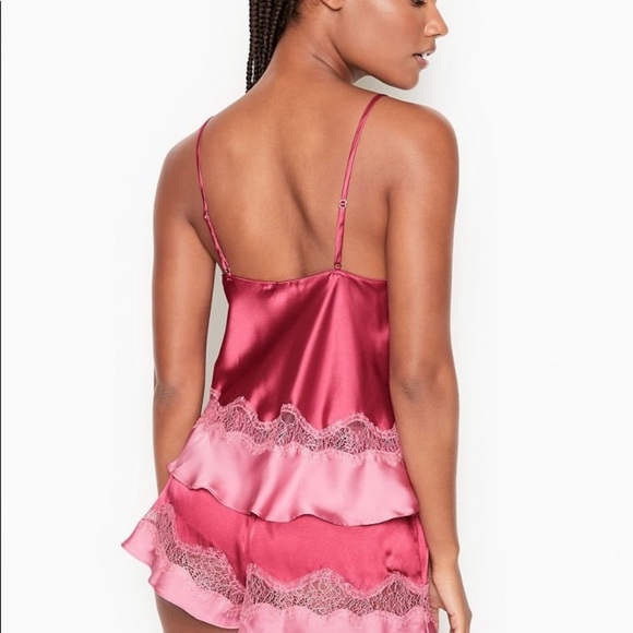 2 Piece Matching Set: XS/S Robe + Small Cami and Short Set PJ Ruffle Satin Lace - Picture 11 of 12